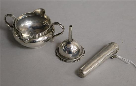 A George III silver double spout cream jug and two other items,